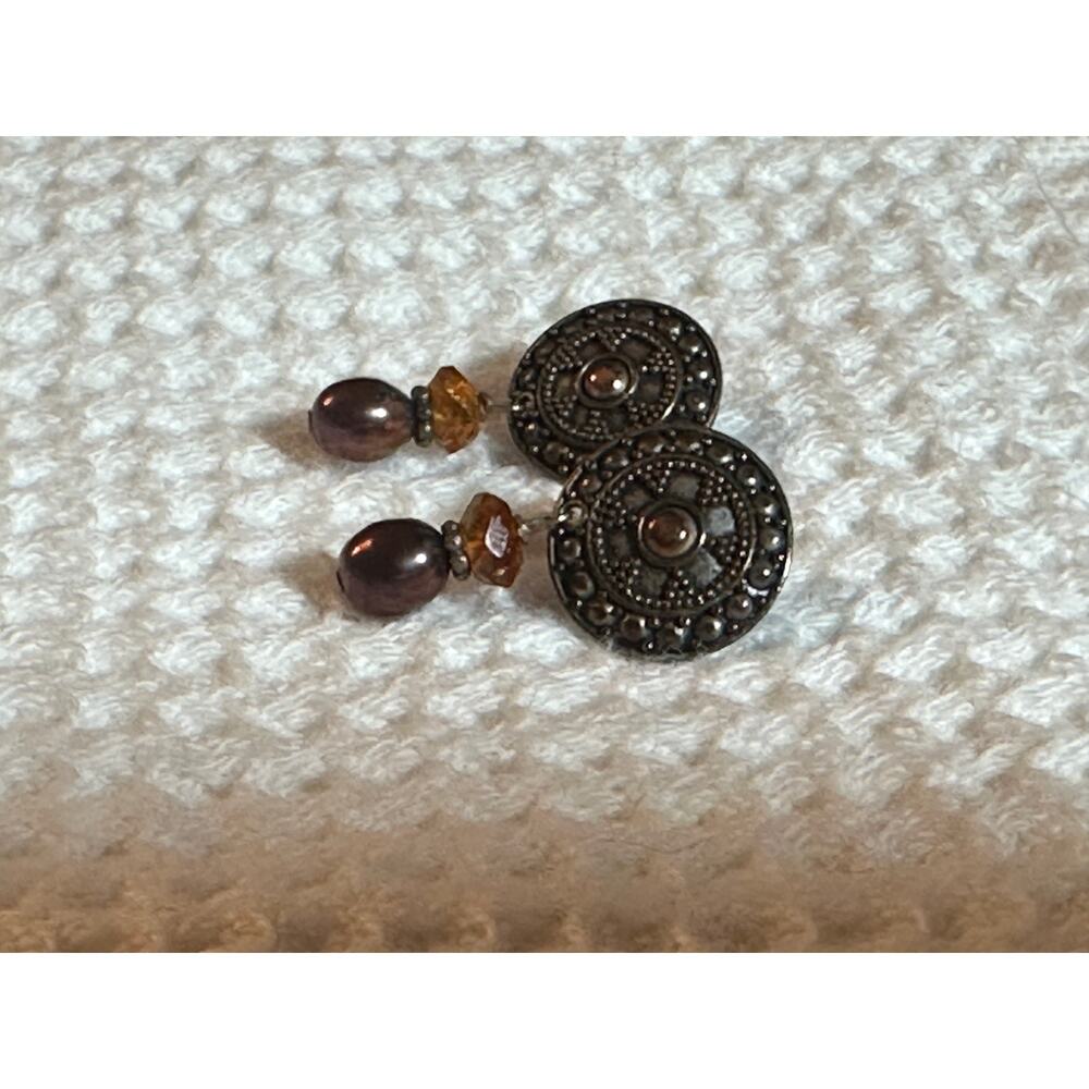 Estate Sterling Silver Button Gold Tone Disc Beaded Dangle Drop Earrings Vintage